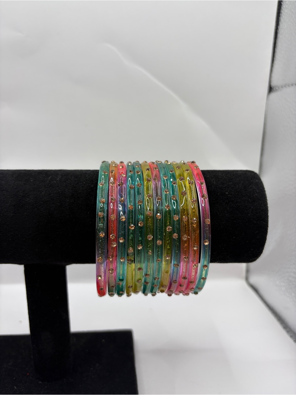 Colorful Multi-Row Resin Glass Bangle Bracelet Set - Pink, Green, Yellow